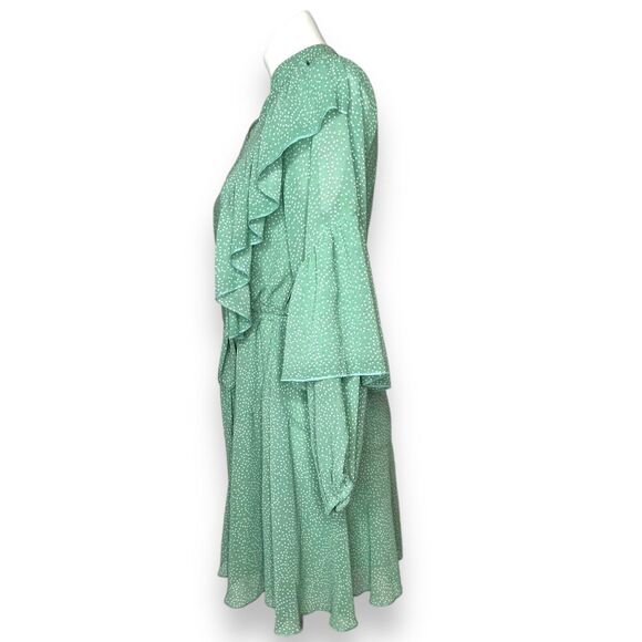 Sage Green Polka Dot Long Sleeve Ruffle Mini Dress Casual Flowy Swing Medium - Picture 8 of 10